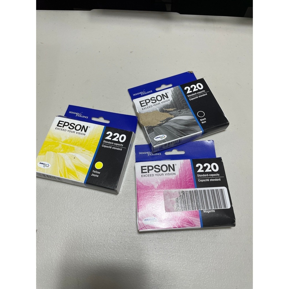 Epson 220 BLack Magenta Yellow Ink New in Box.  Set of Three